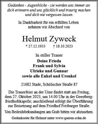 Anzeige für Helmut Zyweck