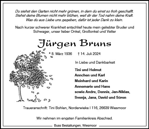 Anzeige für Jürgen Bruns