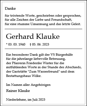 Traueranzeige von Klauke, Gerhard