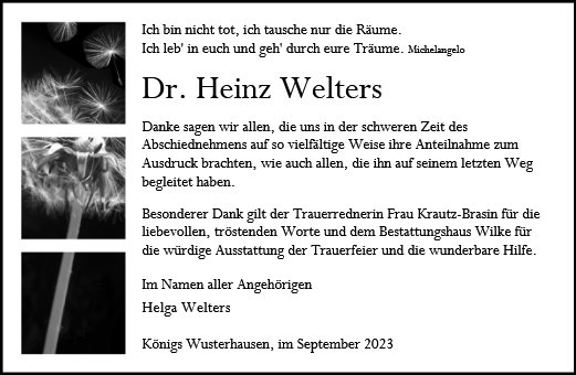 Traueranzeige von Welters, Heinz