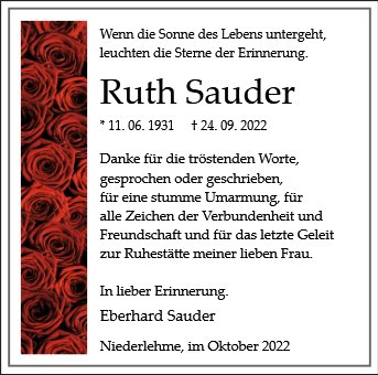 Traueranzeige von Sauder, Ruth