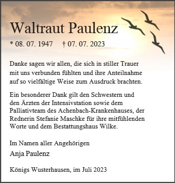 Traueranzeige von Paulenz, Waltraut