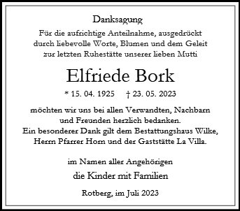 Traueranzeige von Bork, Elfriede
