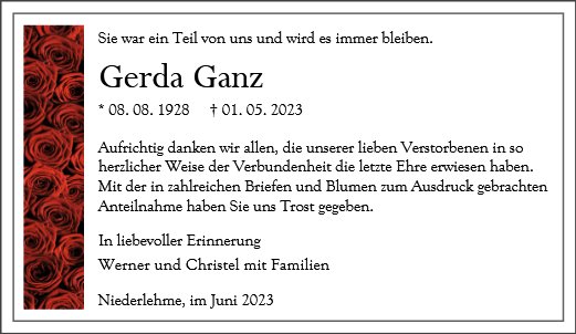 Traueranzeige von Ganz, Gerda