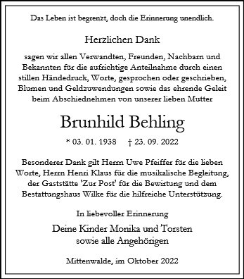 Traueranzeige von Behling, Brunhild