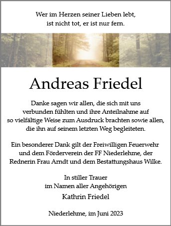 Traueranzeige von Friedel, Andreas