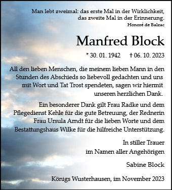 Traueranzeige von Block, Manfred