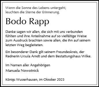 Traueranzeige von Rapp, Bodo