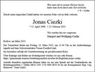 Traueranzeige von Ciezki, Jonas