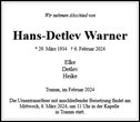 Traueranzeige von Warner, Hans-Detlev