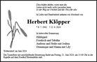 Traueranzeige von Klöpper, Herbert