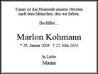 Traueranzeige von Kohmann, Marlon