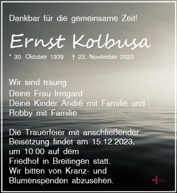 Traueranzeige von Kolbusa, Ernst