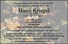 Traueranzeige von Kriegel, Hansi