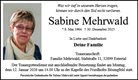 Traueranzeige von Mehrwald, Sabine