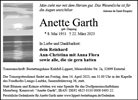 Traueranzeige von Garth, Anette
