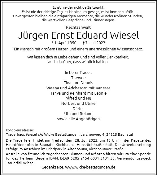 Traueranzeige von Wiesel, Jürgen