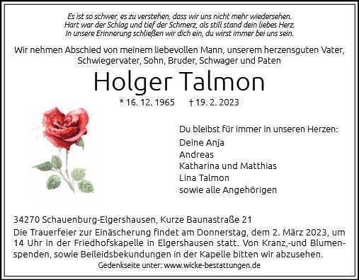 Traueranzeige von Talmon, Holger